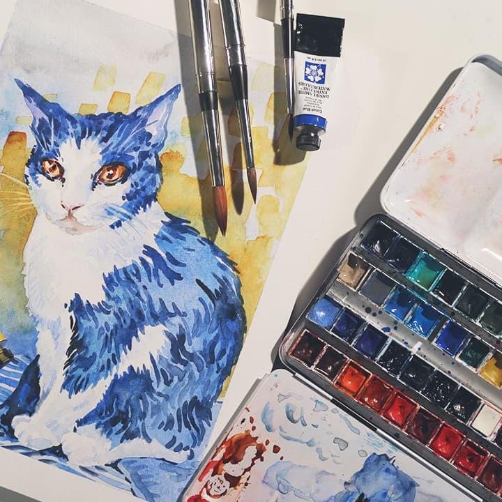 Акварель без наброска: рисунок кота