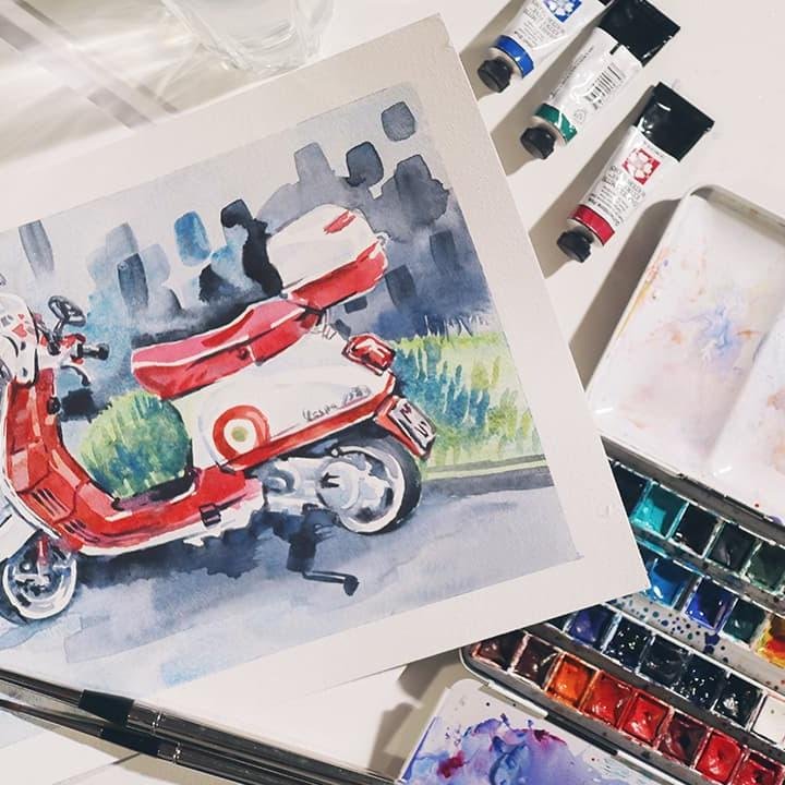 Акварель без наброска: мопед Vespa